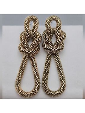 Mesh Knot Drop Stud Earrings Elegant Statement Gold Tone 2.35"